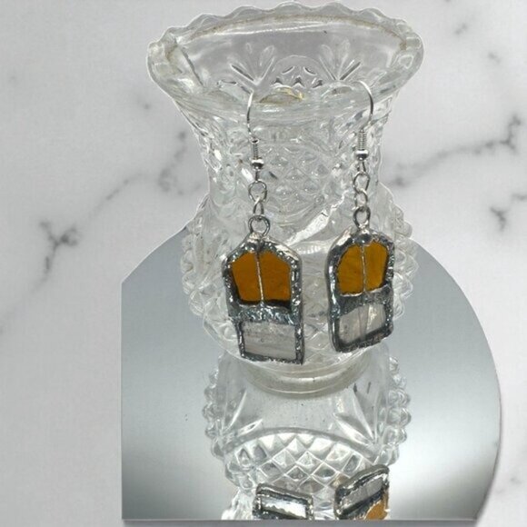 Amber & Clear Stained Glass Dangle Artisan Earrings W/ Silver Solder & 925 Hooks - Picture 5 of 16